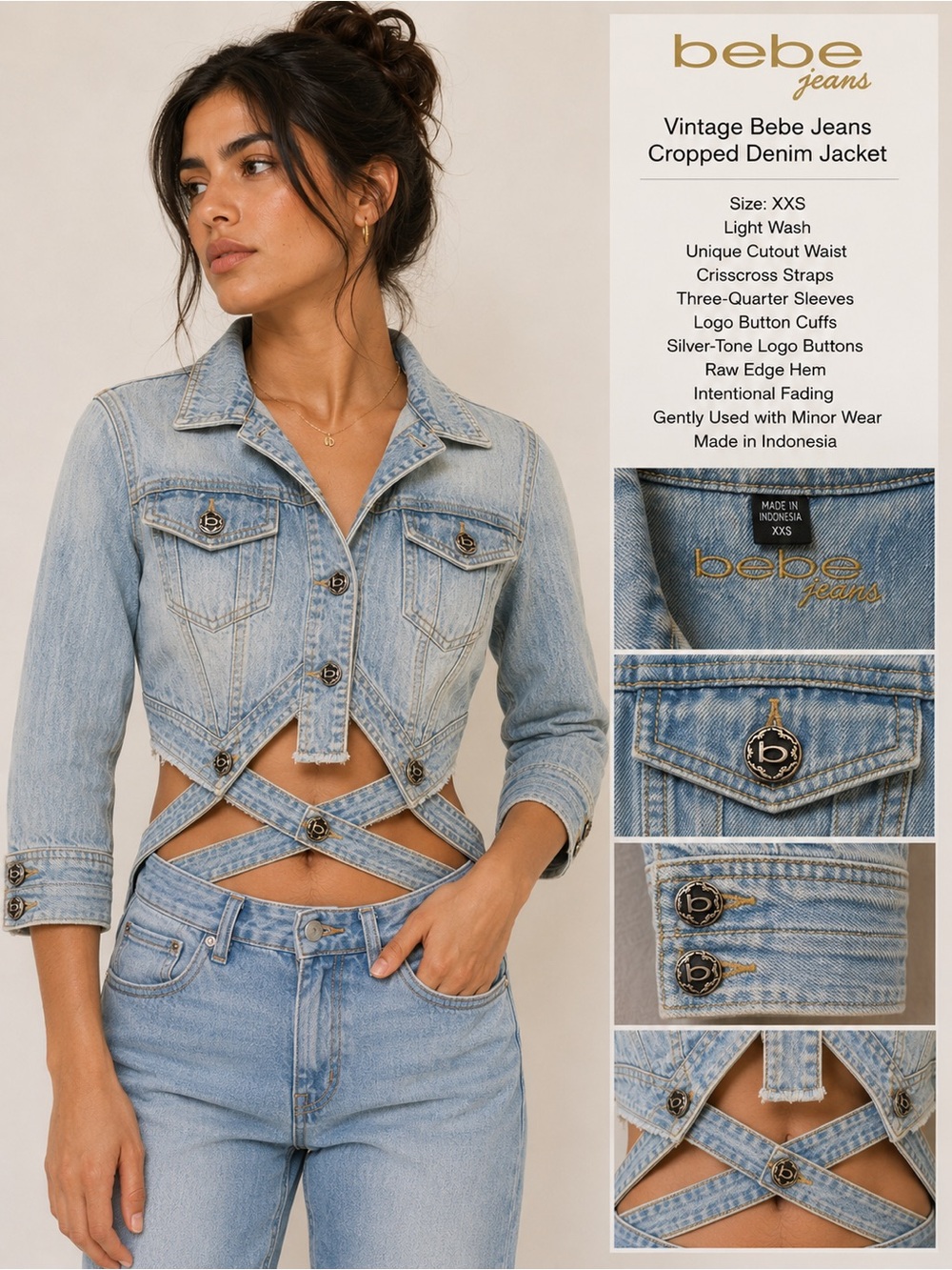Bebe Jeans Women's XXS Cropped Denim Jacket with Cutout Detail